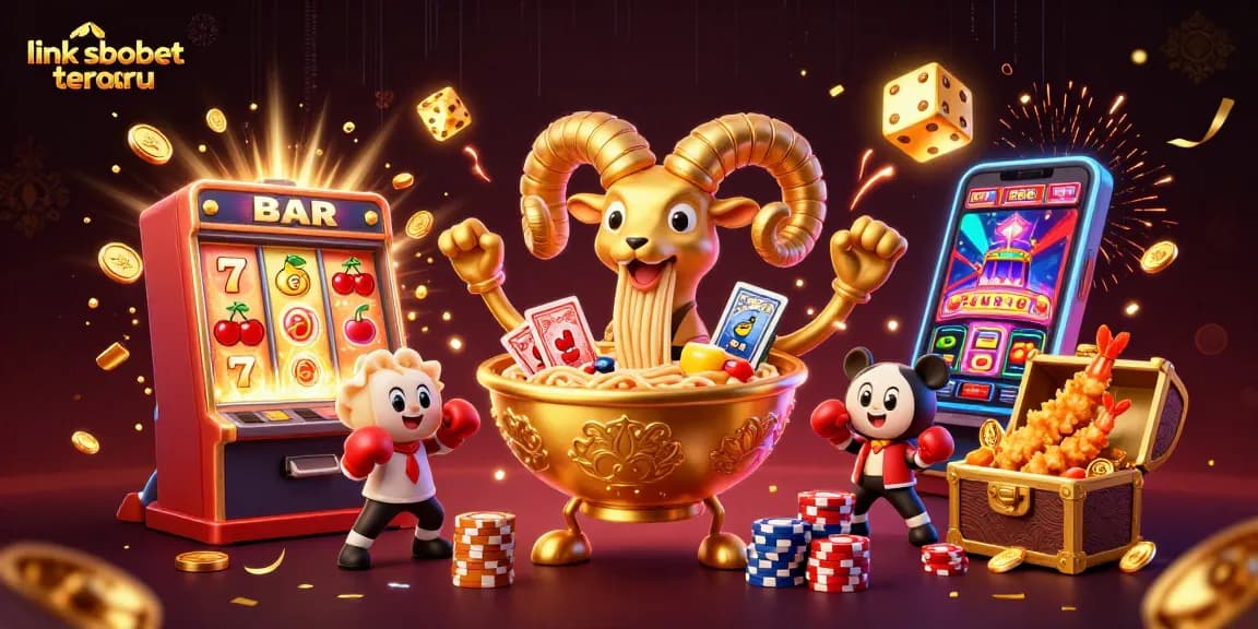 Experience excitement with link sbobet terbaru as characters deal cards and stack chips in a colorful casino scene.