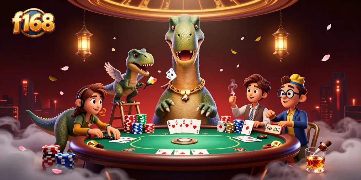 Experience thrilling f168 gaming with a brontosaurus and raptor at an exciting casino scene.