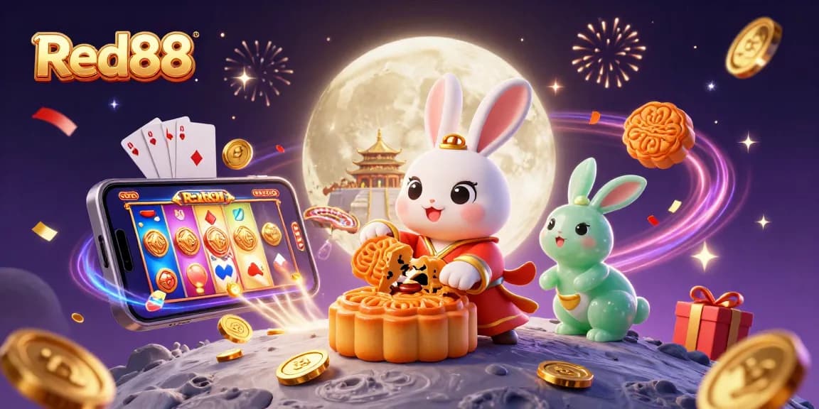 Experience a thrilling scene at Red88 with a moon rabbit and gaming elements erupting in excitement.