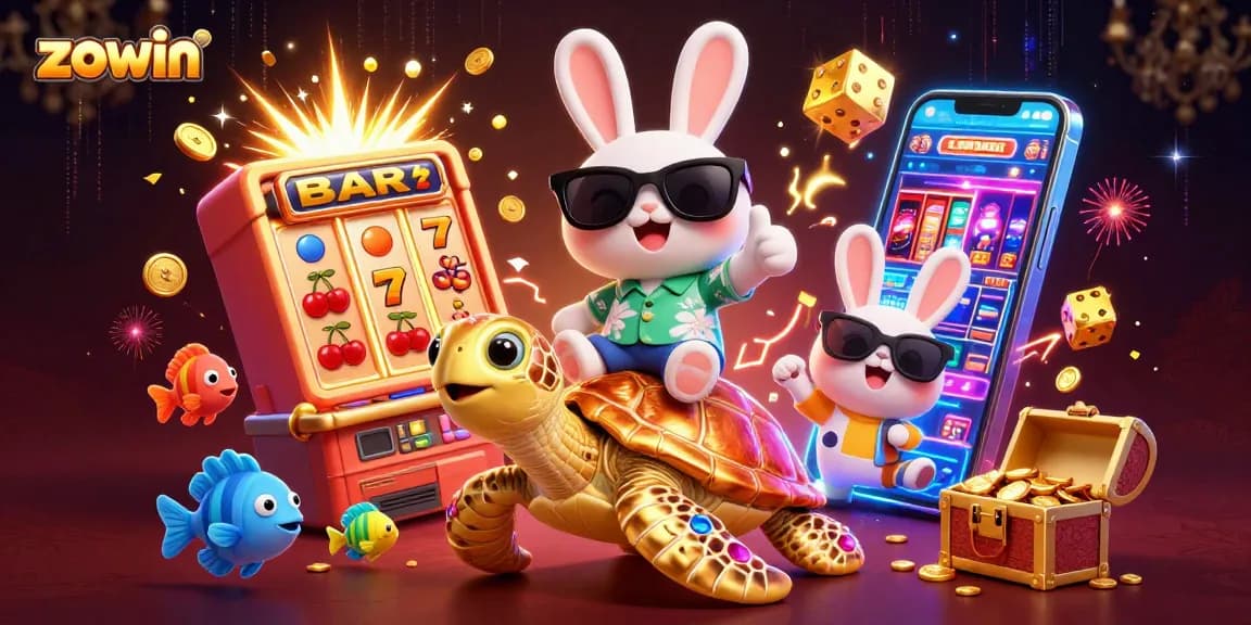 Zowin promotes gaming fun with a lucky rabbit and sea turtle in a vibrant casino scene.