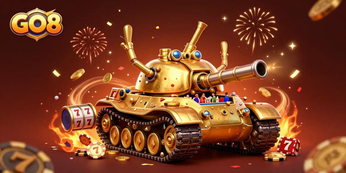 Spin and win at GO8 Casino with a golden beetle tank, lively slot reels, and swirling confetti!