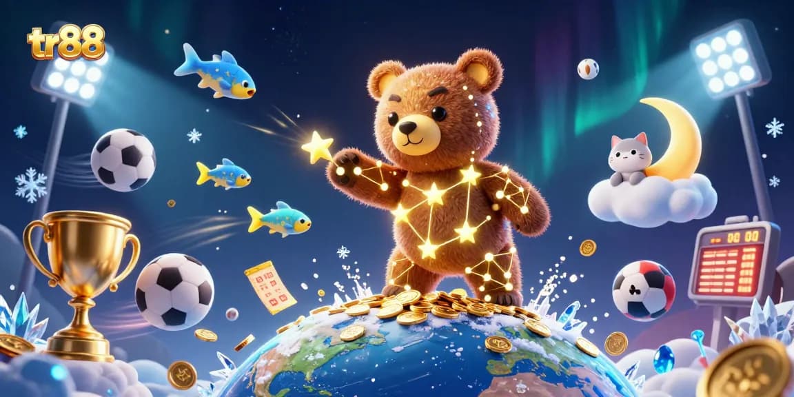 Capture thrilling moments with tr88, a dynamic 3D illustration of a constellation bear scooping coins amidst sports elements.