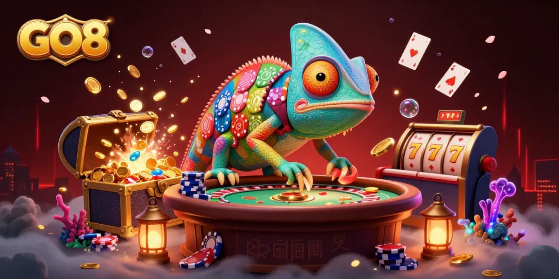 Experience the vibrant GO8 casino scene with a chameleon owner and dynamic gaming elements.
