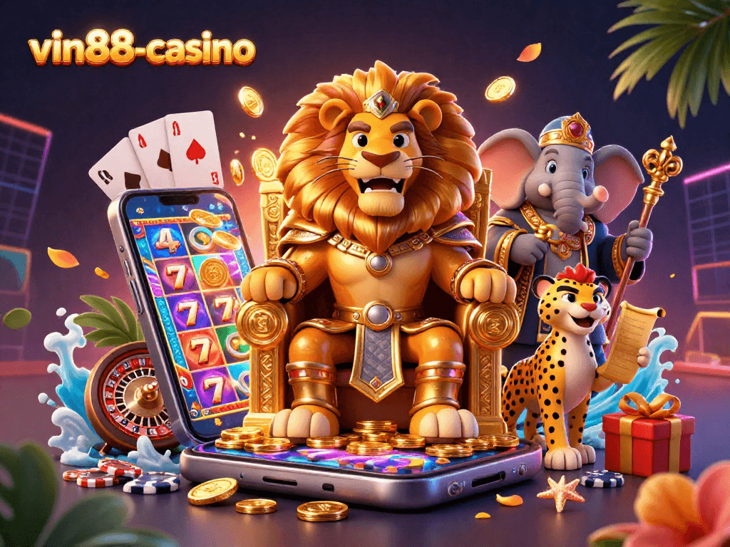Experience the excitement of vin88-casino with a regal lion king and dynamic casino games in 3D.