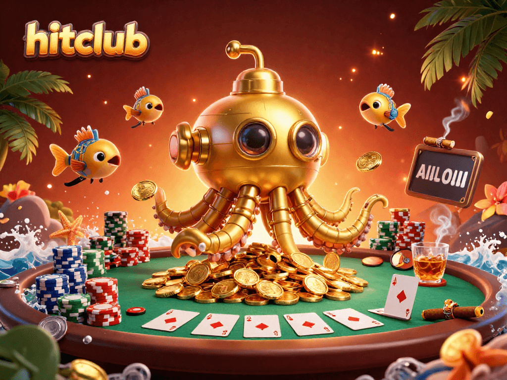Play poker at hitclub with vibrant kraken submarine and golden coins for a winning adventure.