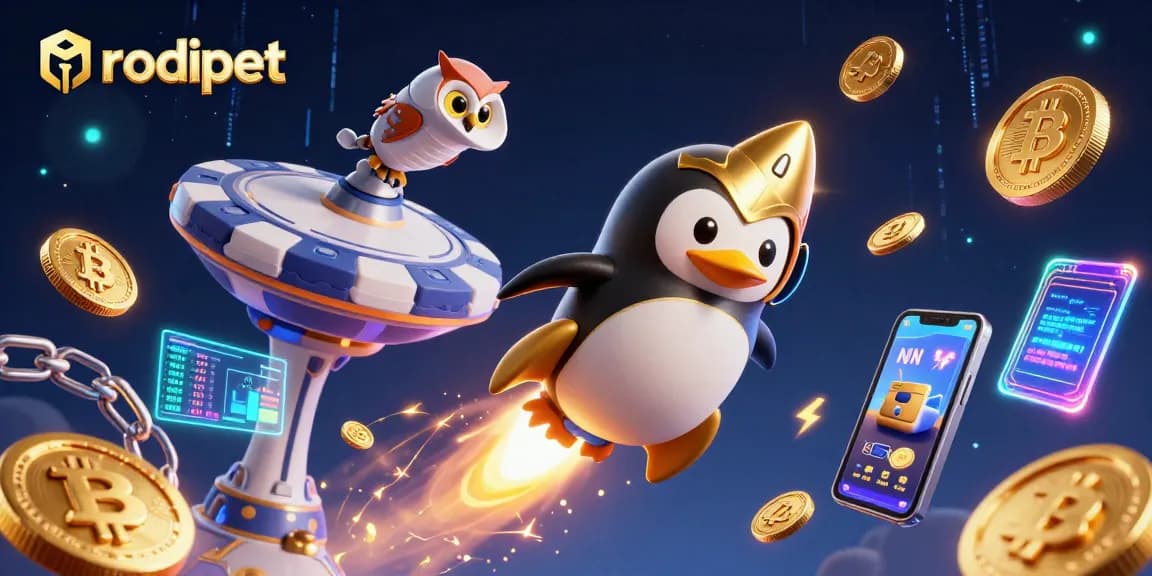 Experience rodipet's vibrant casino adventure as a golden penguin rockets past a poker chip station!