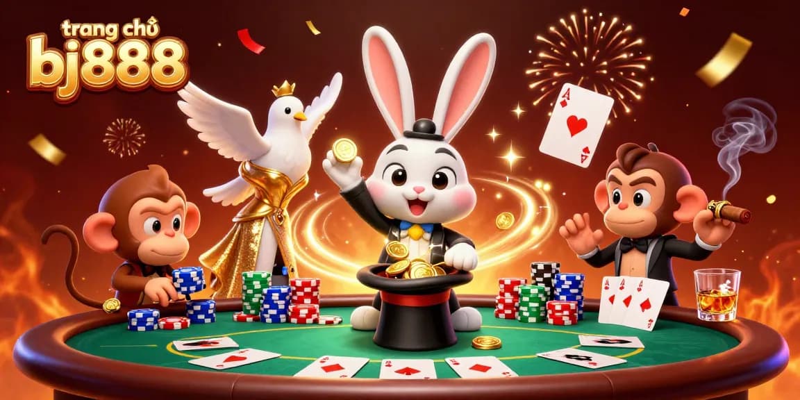 Engage with the fun atmosphere of trang chủ bj888 as a cartoon magician rabbit dazzles with golden coins and poker chips in a vibrant casino scene.
