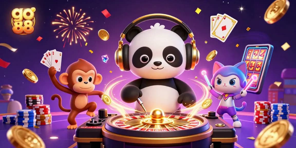 Experience the excitement of go 88 with lively characters spinning roulette and dancing in a vibrant casino scene.