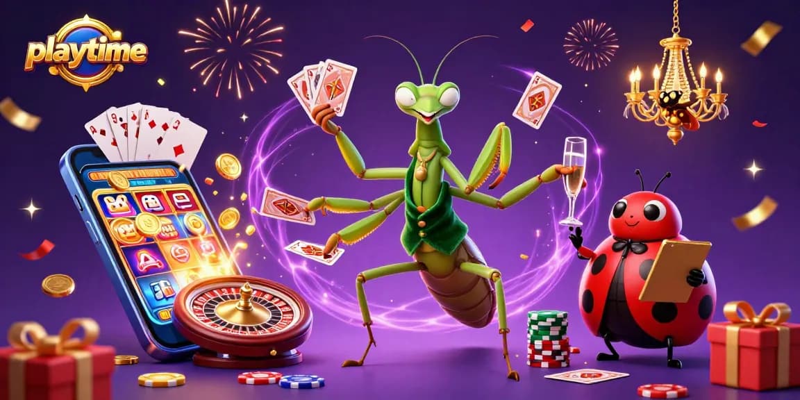 Experience exciting gaming action with playtime characters amidst a celebration of casino games.