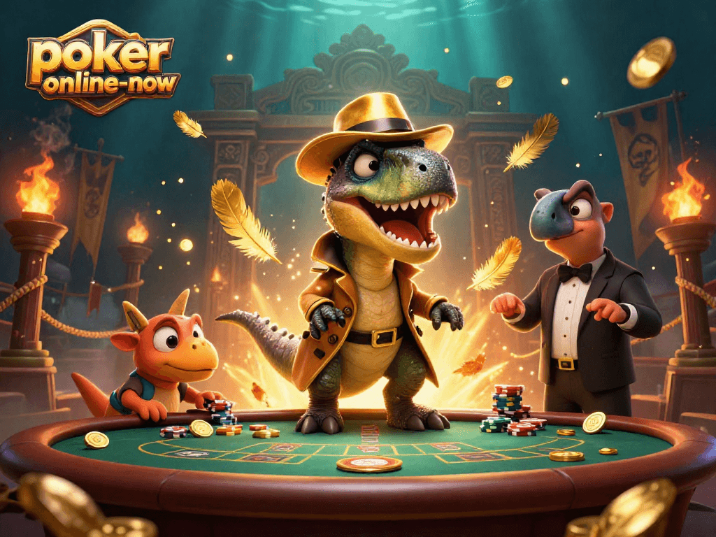 Experience poker-online-now with a velociraptor card counter at a blackjack table in vibrant, animated gambling scene.
