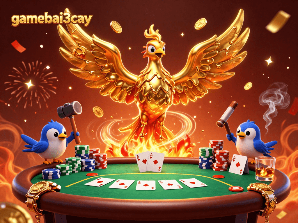 Engage with gamebai3cay’s thrilling poker scene featuring a molten phoenix amidst dynamic gaming elements.