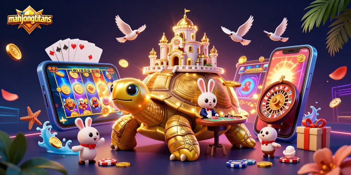 Experience mahjongtitans in a vibrant casino scene with golden tortoise and rabbit dealer.