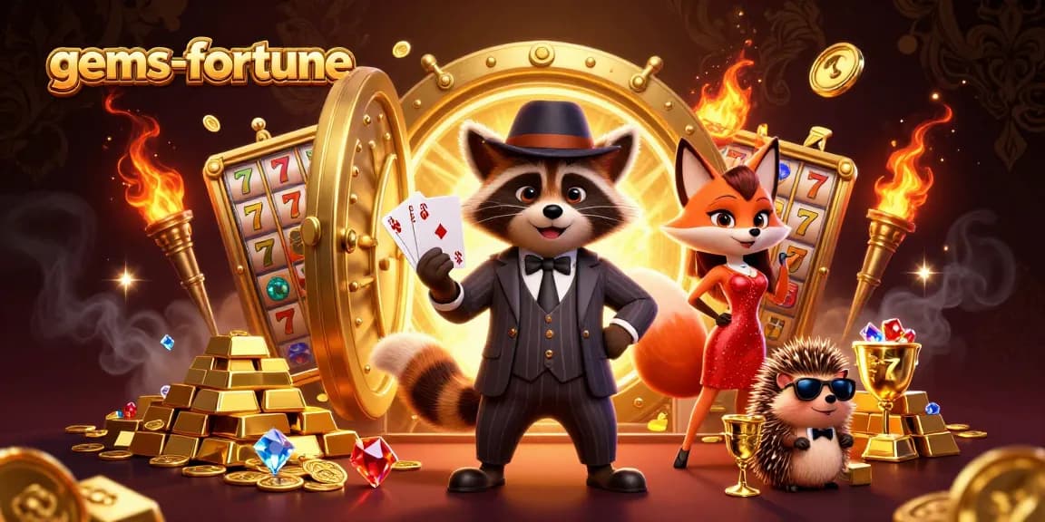 Experience the gems-fortune thrill with a suave raccoon and a glimmering treasure scene.