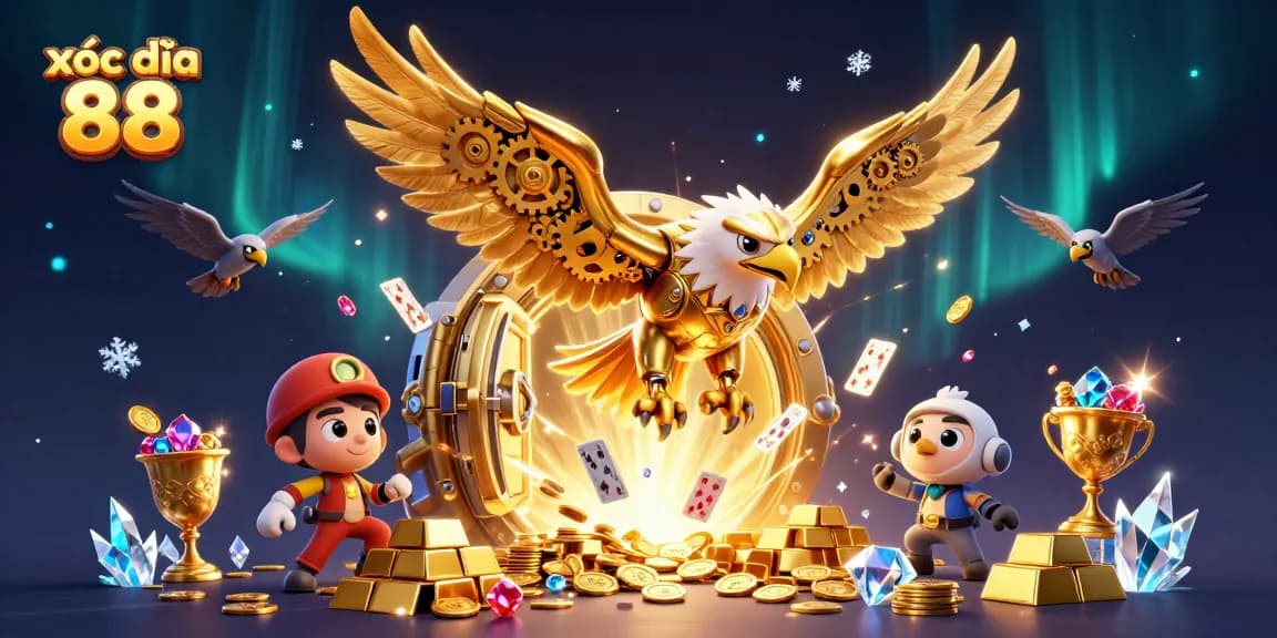 Experience thrilling gaming action with xóc đĩa 88 in a dynamic 3D illustration filled with treasures and excitement.