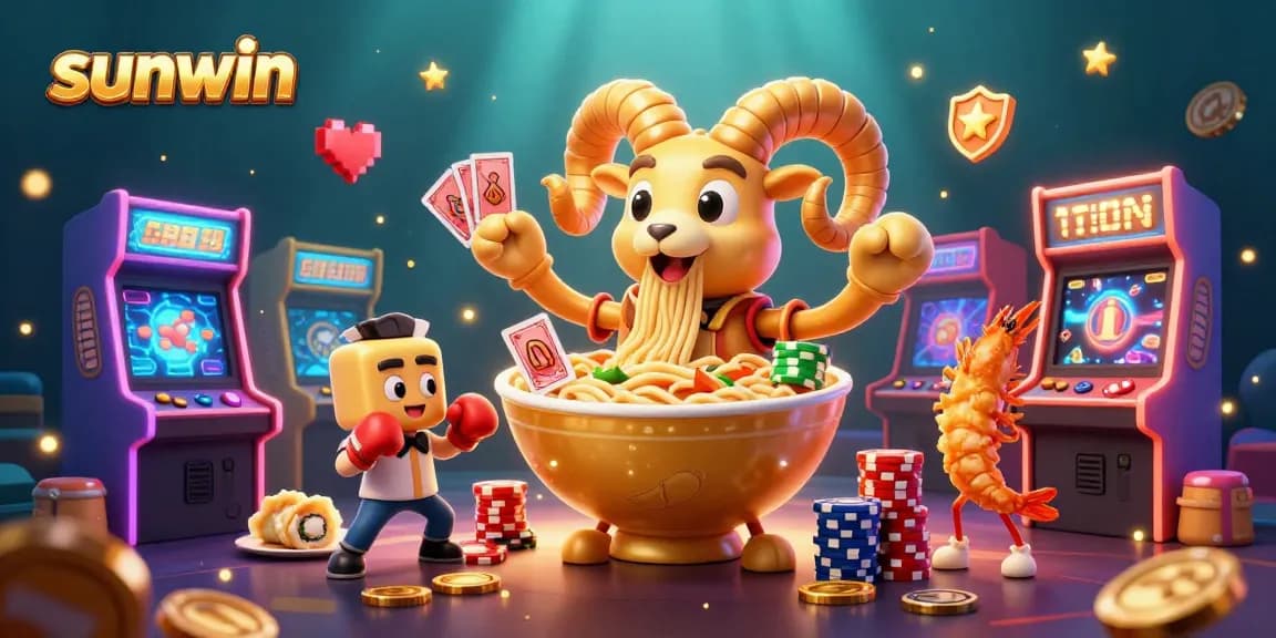 sunwin features a vibrant casino scene with a giant ramen bowl dealer amid arcade games.