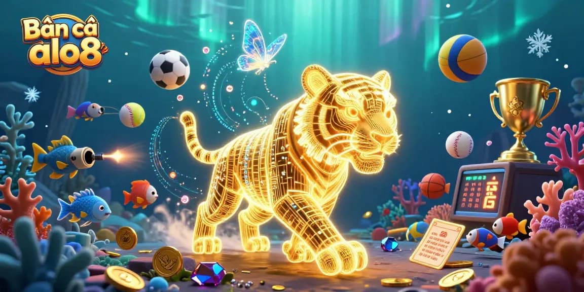 Shoot fish with Bắn cá alo8 in a vibrant underwater casino scene featuring a golden tiger and colorful game elements