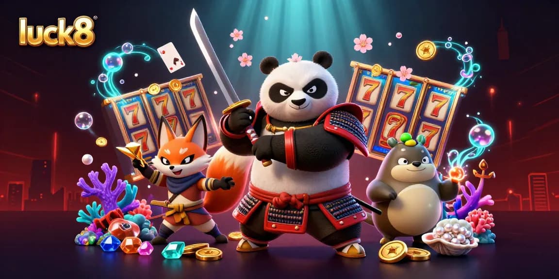 Play exciting games at luck8 with a dynamic scene featuring vibrant characters and casino elements.