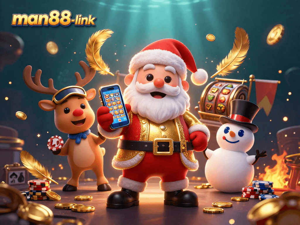 Join the festive fun at man88-link with Santa's jackpot adventure in this vibrant casino scene.