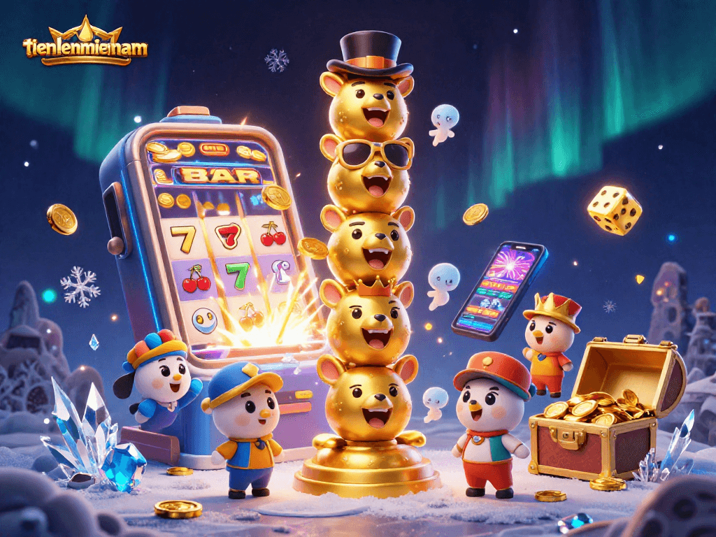 Engage in the thrilling game of tienlenmiennam with vibrant slot machines and lively totem characters.