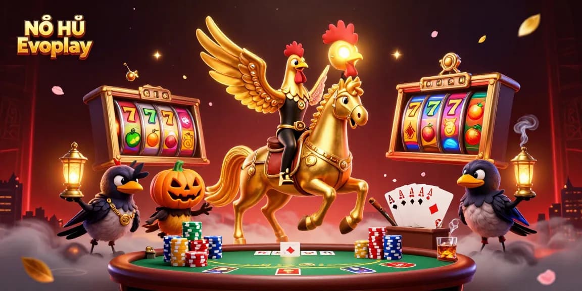 Experience the thrill of NỔ HŨ Evoplay with vibrant slot reels and dynamic game elements at a midnight casino.