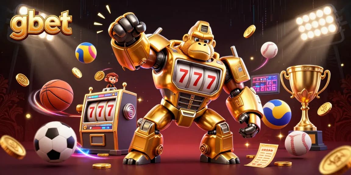 gbet's golden monkey mech triumphs in a vibrant casino scene filled with sports elements.
