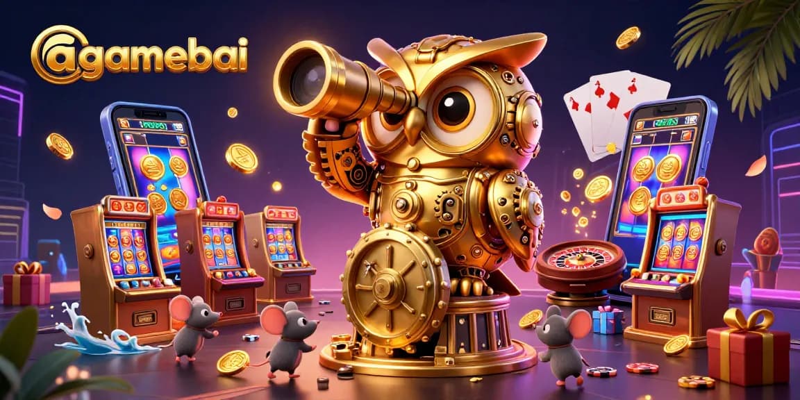 Engage with agamebai's vibrant casino scene featuring golden owl, wind-up mouse, and colorful slot games.