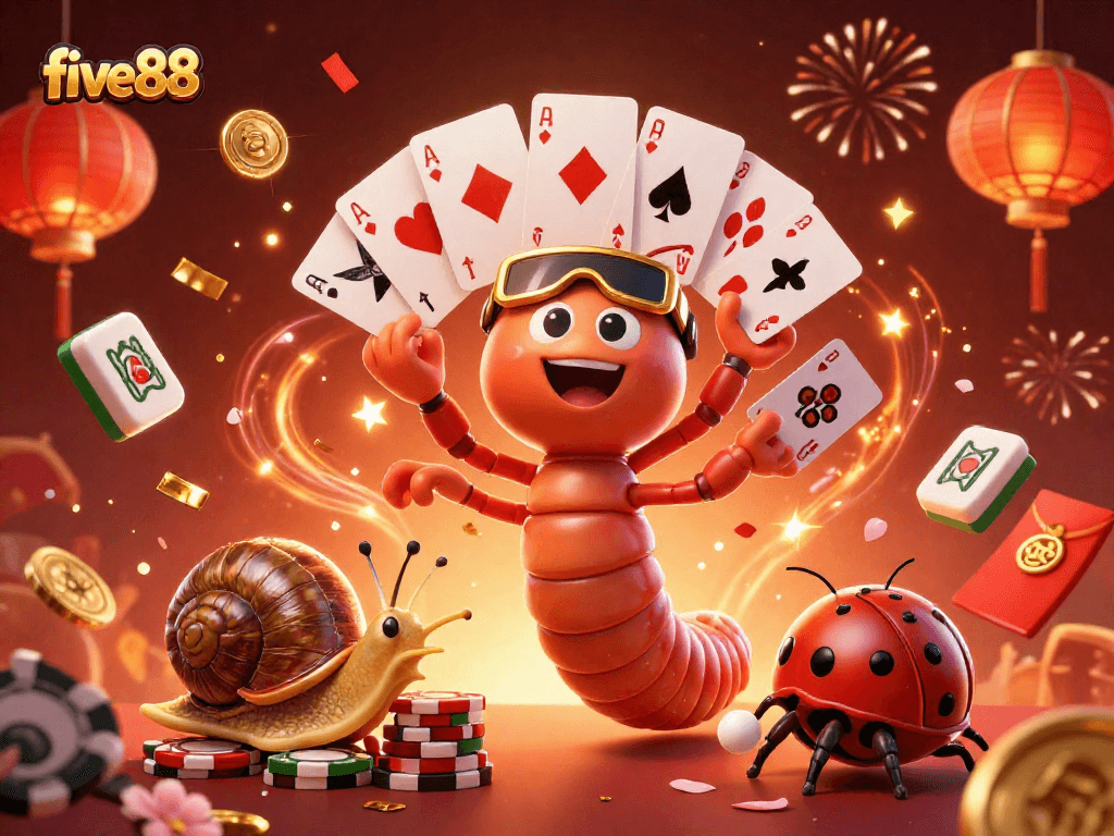 Experience the excitement of five88 with a unique 3D cartoon casino scene featuring lively characters and vibrant game elements.