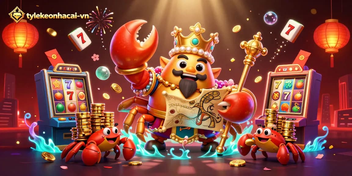 Engage with tylekeonhacai-vn's vibrant gaming scene, featuring a majestic crab emperor in a rich casino environment.