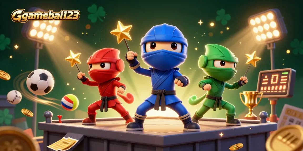 gamebai123 engages players with a dynamic 3D scene showcasing ninja chameleons and vibrant casino elements.