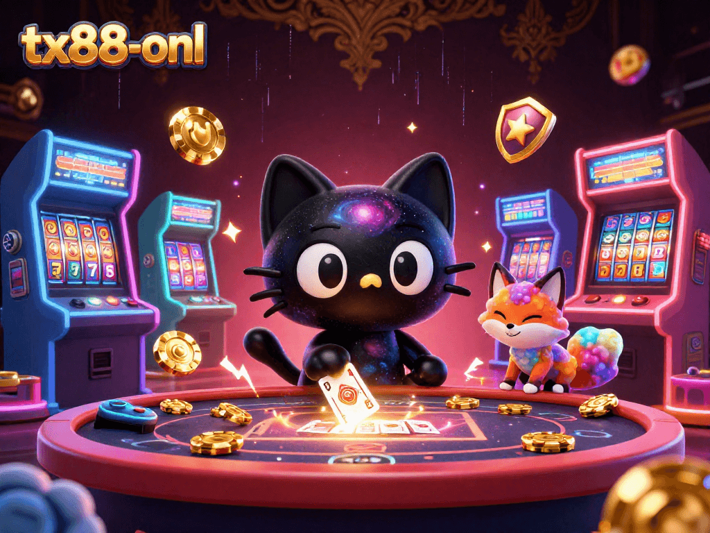 Engage with tx88-onl's cosmic casino experience featuring a black hole cat and colorful elements.