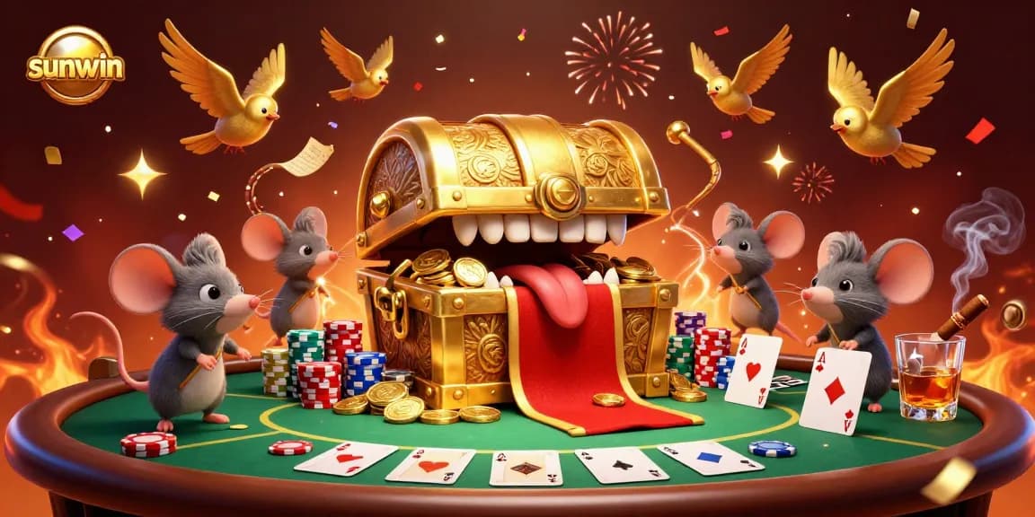Experience the thrill of sunwin as adventurer mice chase treasure amidst poker action and vibrant casino elements.