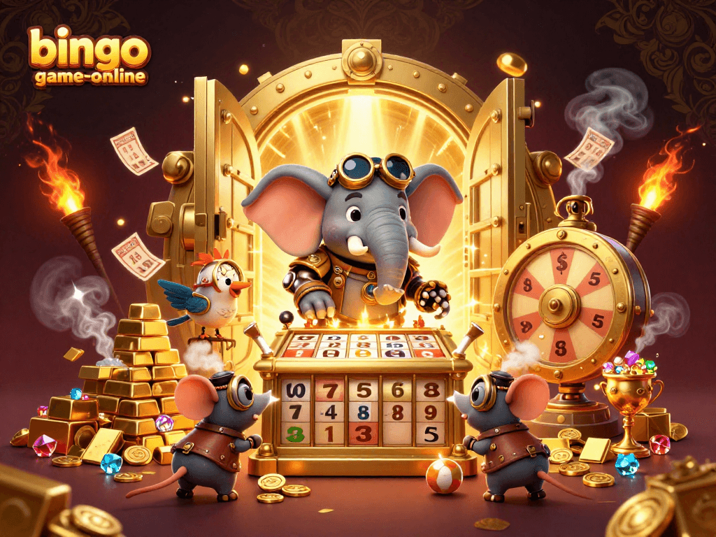 Bingo-game-online jackpot bingo scene featuring an elephant engineer and treasure elements