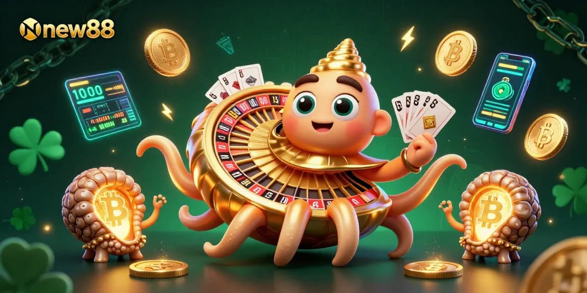 Engage with new88's thrilling casino experience featuring a giant nautilus roulette wheel and glowing crypto coins.