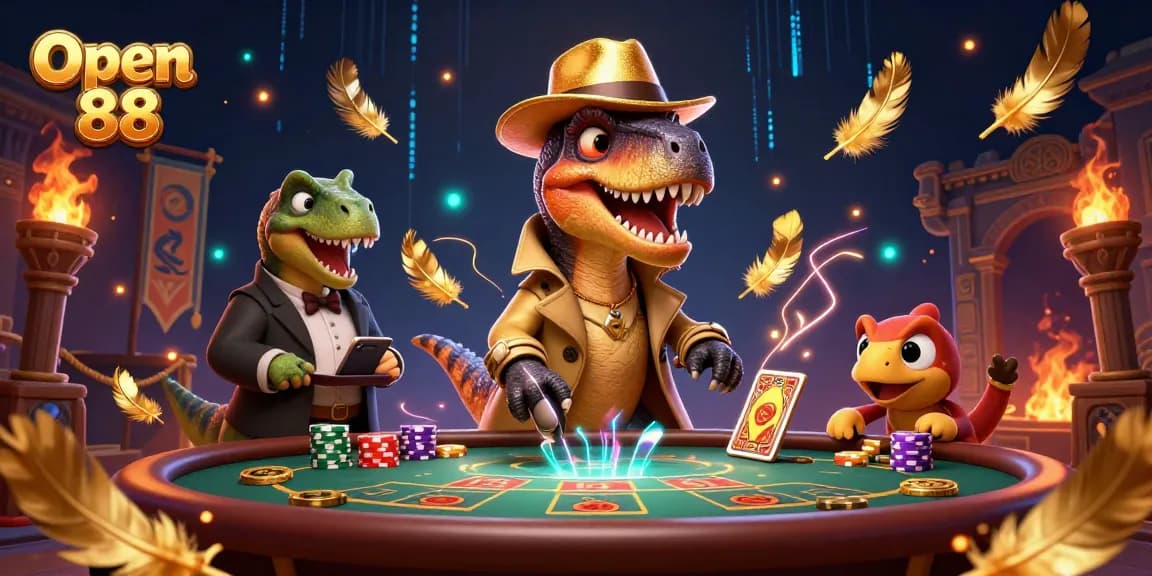 Experience thrilling gameplay at Open 88 with a velociraptor card counter at the blackjack table, adding excitement to the casino.