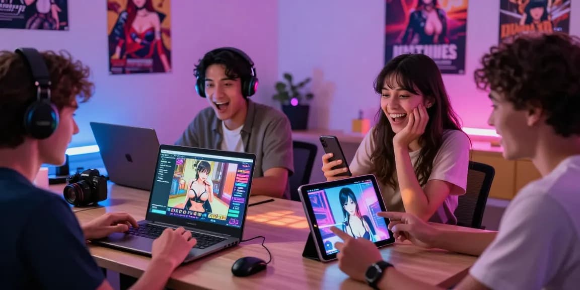 Excited gamers immersed in ecchi games online on various devices showcasing a lively gaming atmosphere.
