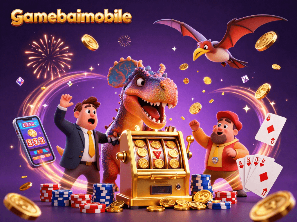 gamebaimobile showcases a dynamic 3D casino scene with lively characters winning big on slots.