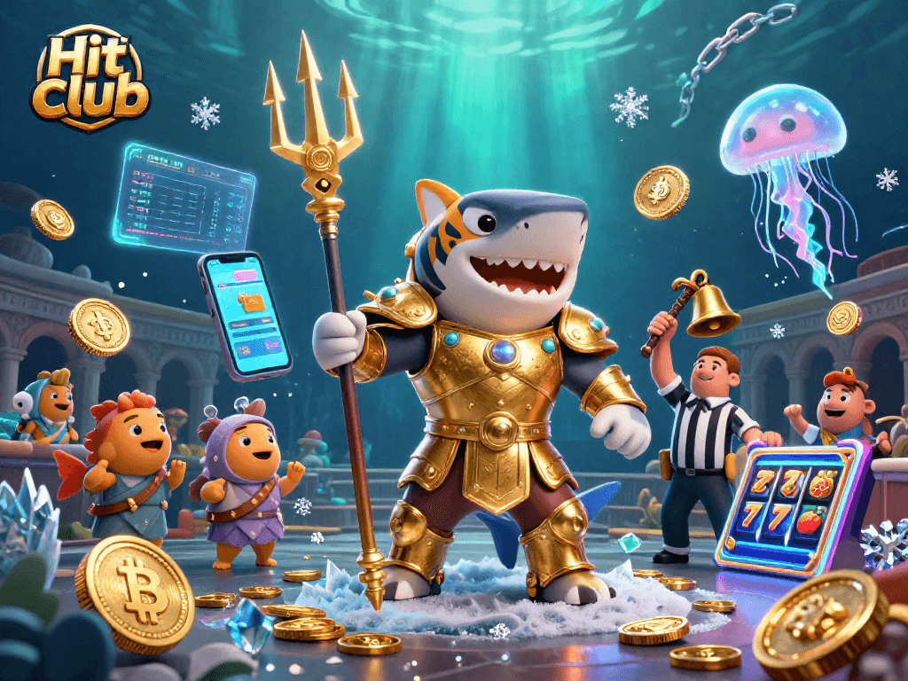 Engage with the Hit club theme featuring a tiger shark in armor amidst a lively underwater casino scene.
