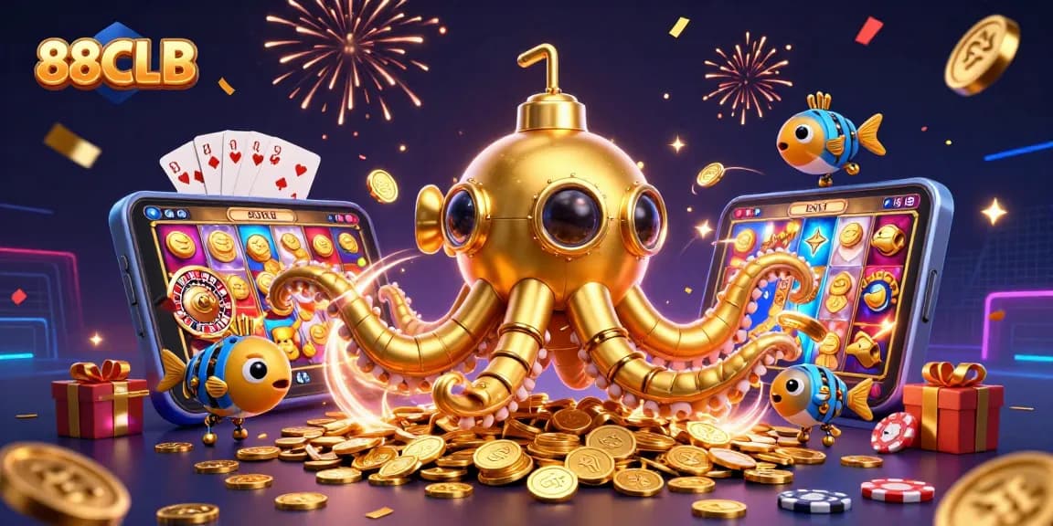Experience the thrill at 88CLB with our dynamic casino scene featuring a golden kraken and vibrant gaming elements.