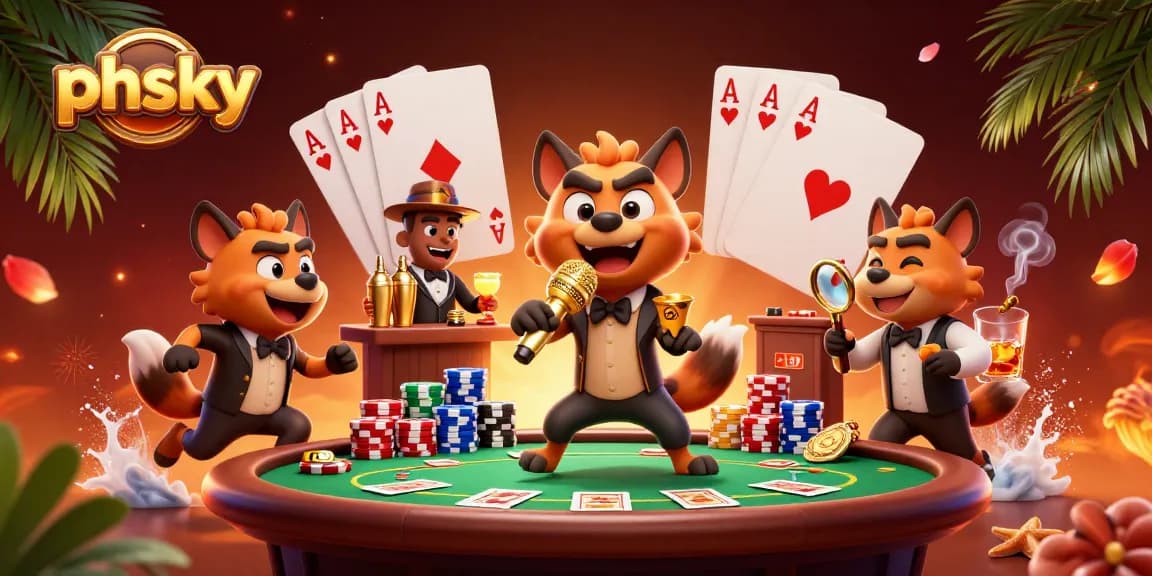 Engage with phsky's vibrant casino atmosphere featuring hyena characters and poker action.