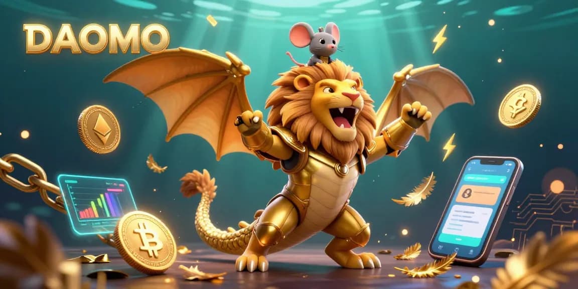 Experience thrilling gaming adventures at DAOMO with a golden chimera and crypto elements.