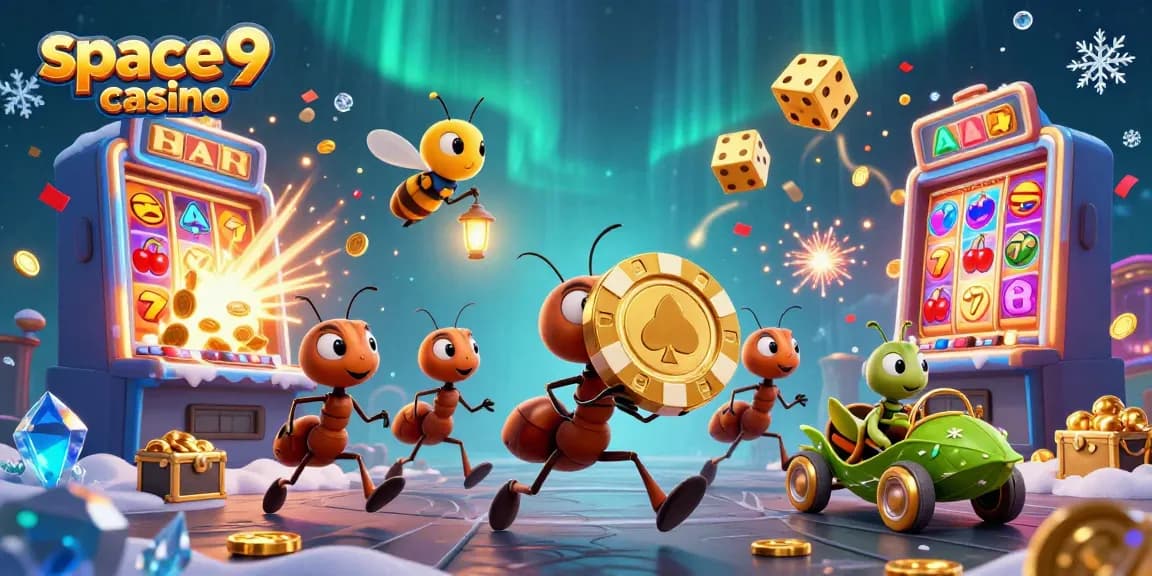 Enjoy thrilling games at Space9 Casino with a vibrant 3D illustration showcasing casino action.