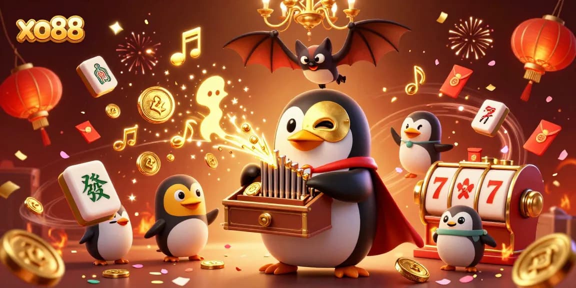 Engage with the joyful xe88 experience featuring a penguin organist surrounded by winning casino symbols.
