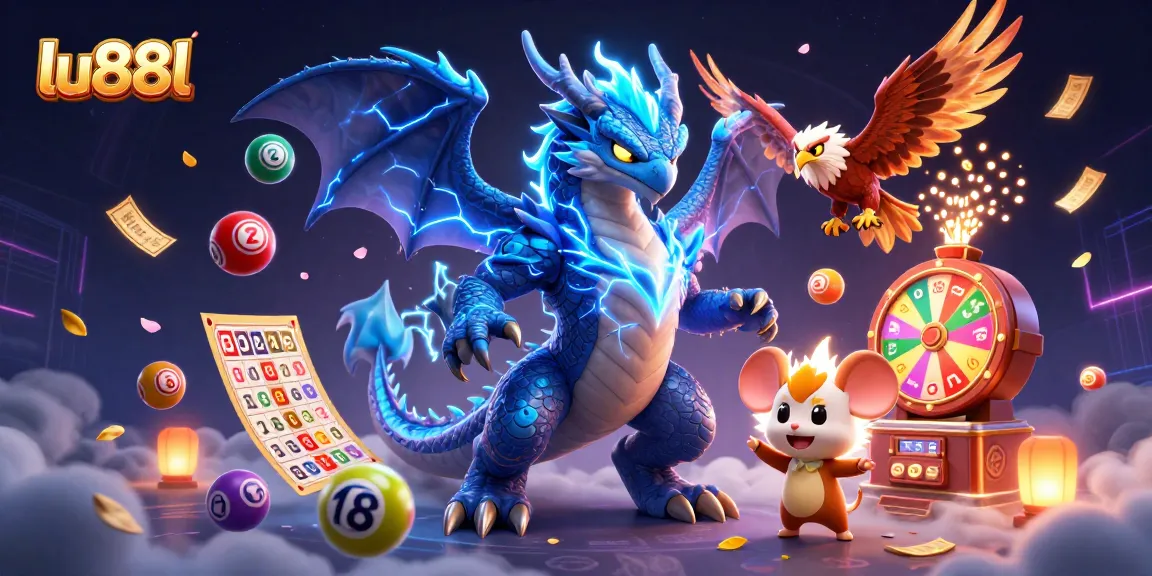 Bet at lu88l with vibrant lottery balls and a powerful dragon in a lush gaming scene.