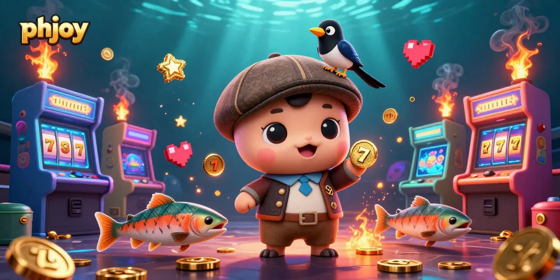 Experience exciting gaming with phjoy featuring Nessie, a magpie, and tartan-wearing salmon in a vibrant casino scene.