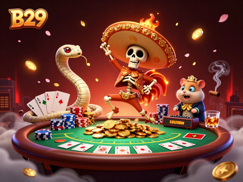 Witness the B29 casino victory dance with lively characters amidst a rich gambling scene.