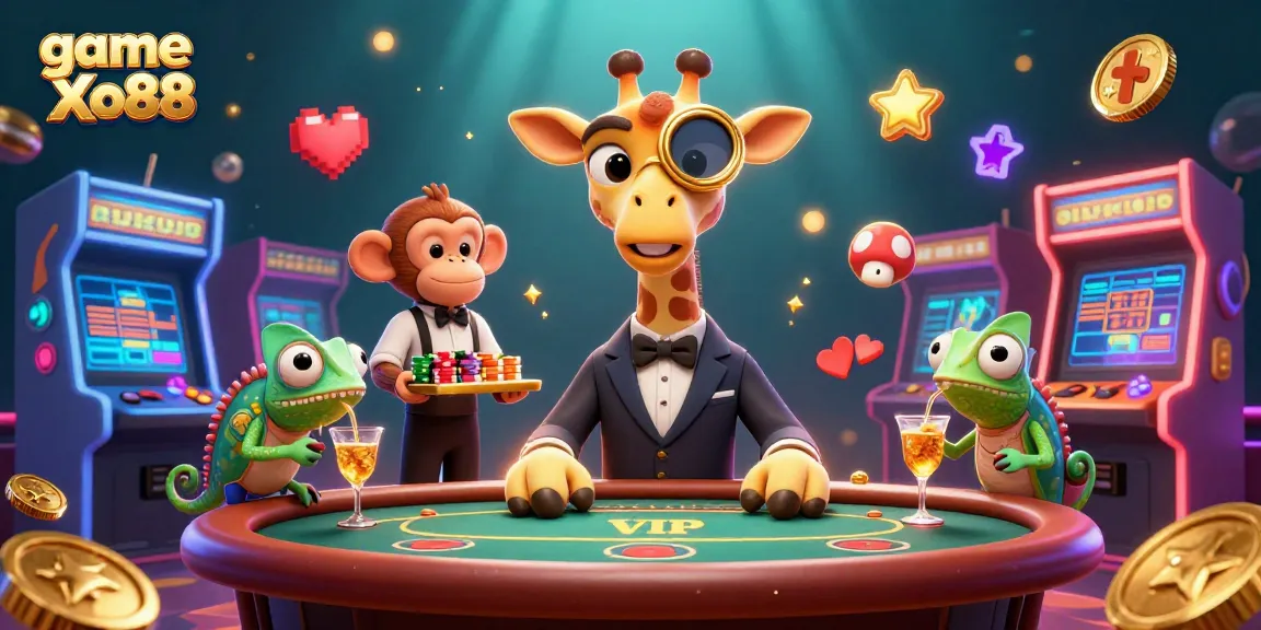 Experience excitement with game Xo88 at a lively casino scene featuring a giraffe and animated characters.