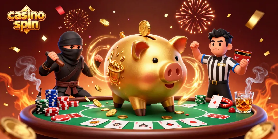 Engaging casino spin action scene featuring a golden piggy bank wrestler, wallet ninja and credit card samurai.