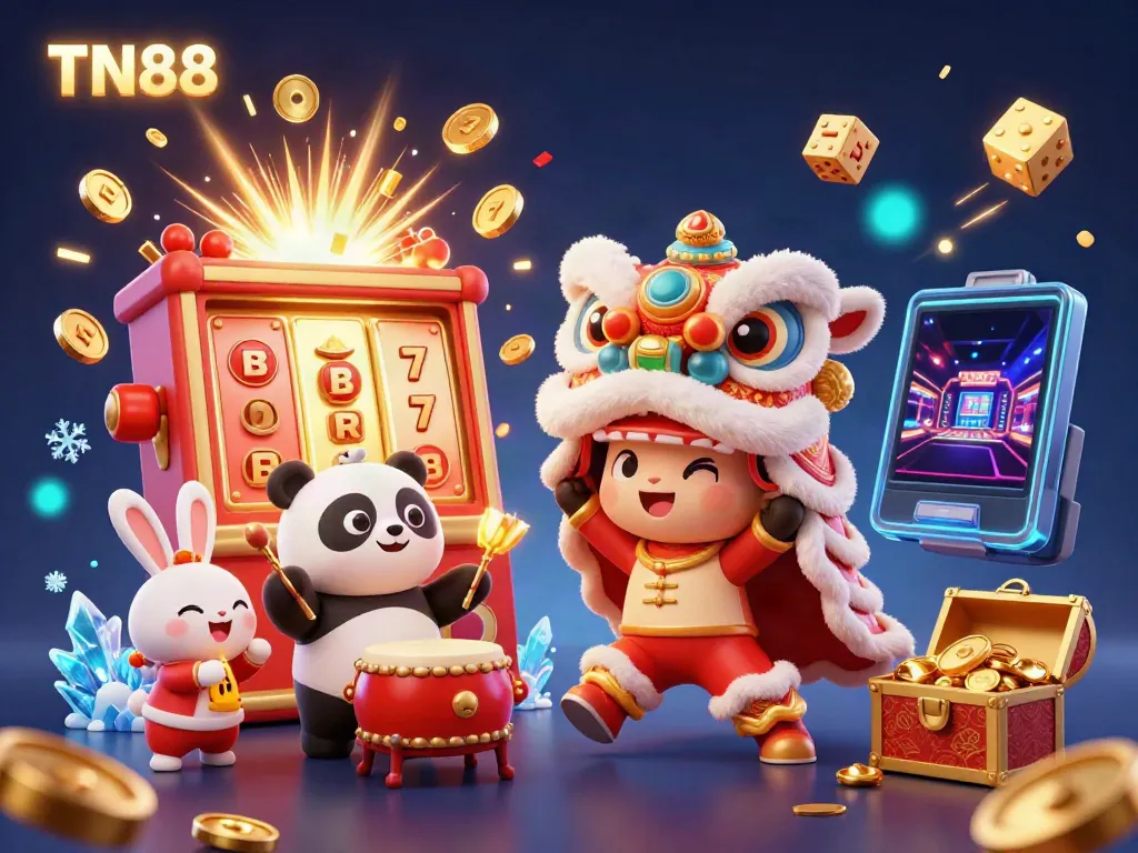 Experience a vibrant TN88 celebration with a lion dance, slot machine, and festive characters.