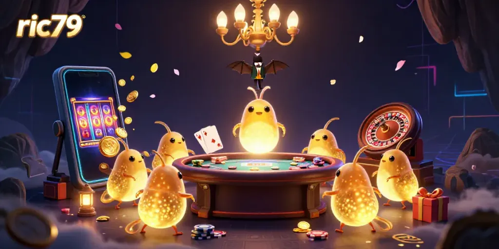 Experience the excitement of ric79 casino with glowworms lighting a vibrant cave, showcasing neon signs and game elements.