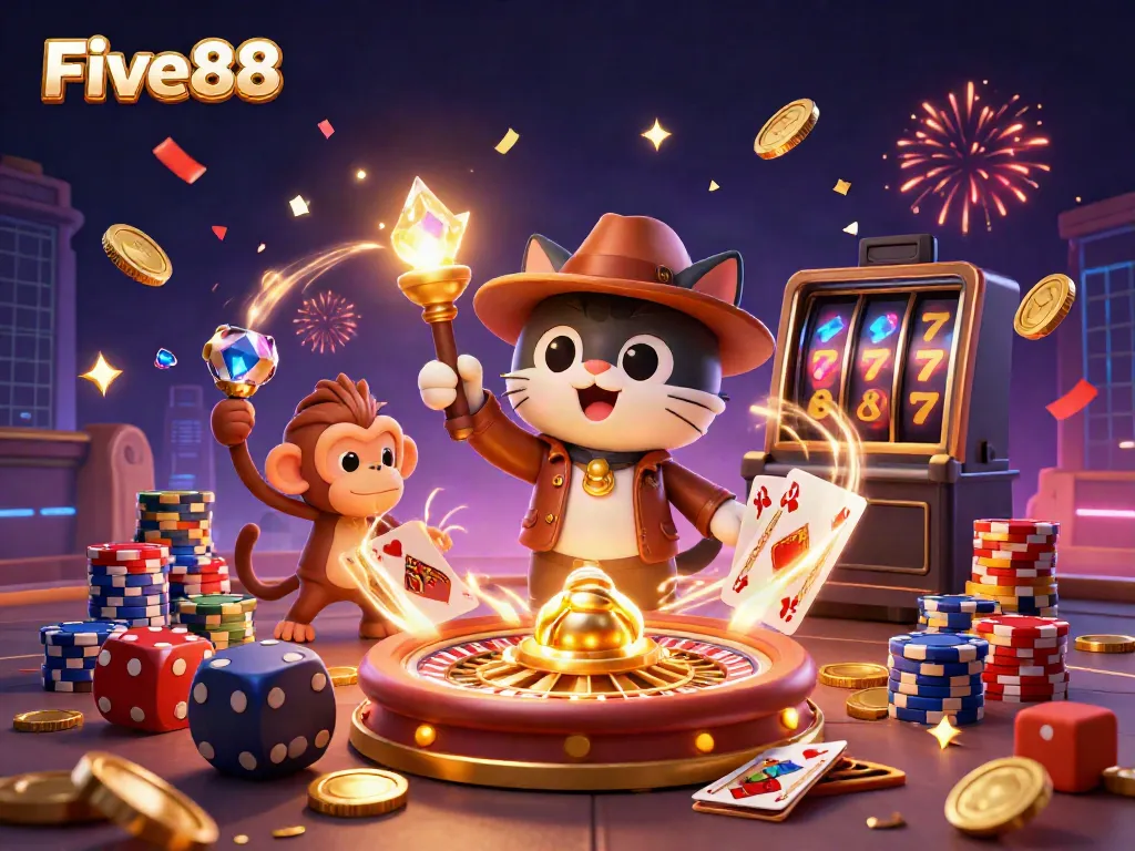 Find the thrill at Five88: A cartoon cat explorer discovers a golden casino artifact amidst vibrant gaming elements.